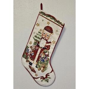 Vintage Tapestry Needlepont Santa Claus Christmas Stocking Velvet Back